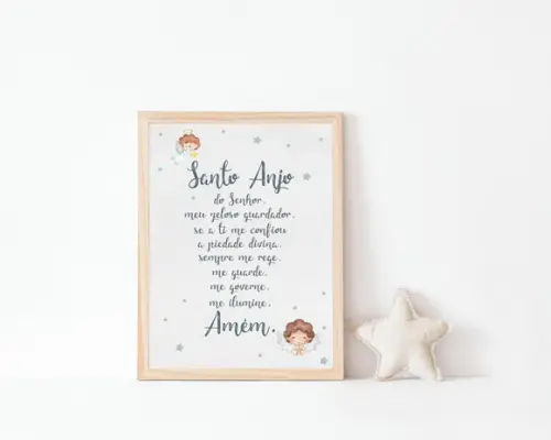 Quadro Infantil Oração Anjo da Guarda Aquarela A3