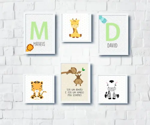 Quadros Bebê Animais Safari Irmãos Girafa Zebra Tigre Macaco