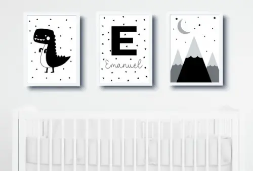 Quadros Bebê Menino Dinossauro Montanhas e Nome