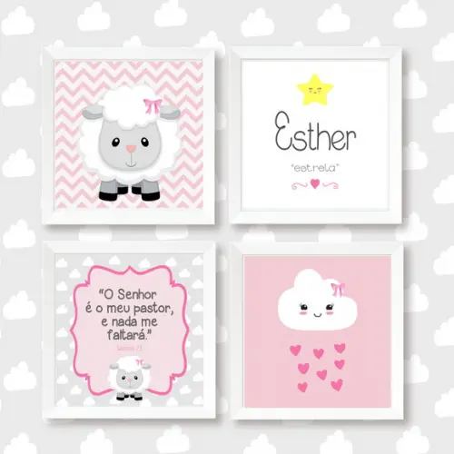 Quadros Bebê Ovelha Nuvem Nome Personalizado