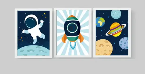 Quadros Decoração Infantil Astronauta Foguete e Planetas A4