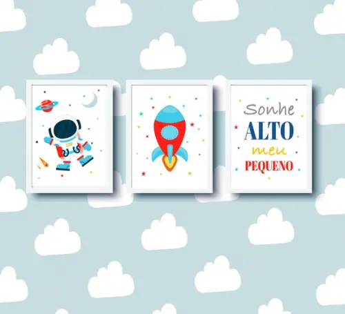 Quadros Decoração Infantil Astronauta Foguete e Sonhe Alto