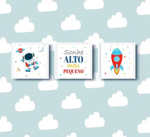 Quadros Decoração Infantil Astronauta Foguete e Sonhe Alto