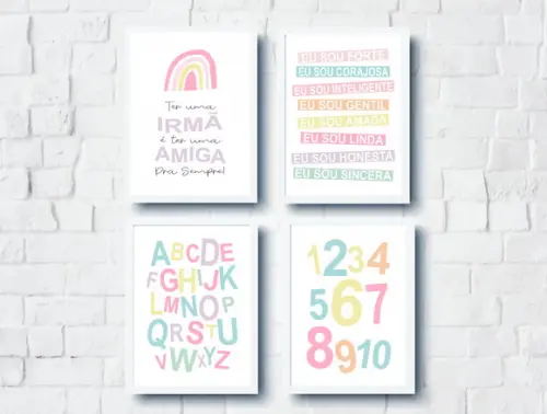 Quadros Decoração Infantil Irmãs Arco Íris Alfabeto Números