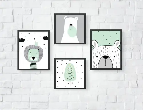 Quadros Escandinavo Infantil Ursos Leão e Árvore