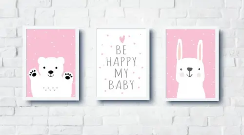 Quadros Escandinavo Menina Urso Polar Be Happy e Coelho A4