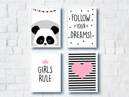 Quadros Escandinavos Panda Girls Rule e Follow Your Dreams