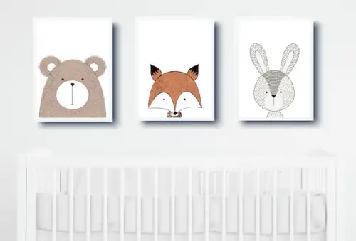 Quadros Infantil Animais Escandi Raposa Coelho e Urso A3