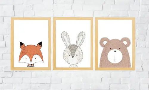 Quadros Infantil Animais Escandinavos Raposa Coelho e Urso