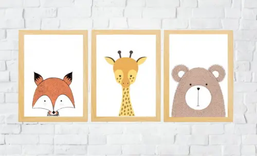 Quadros Infantil Animais Escandinavos Raposa Urso e Girafa