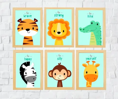 Quadros Infantil Animais Safari Frases A4