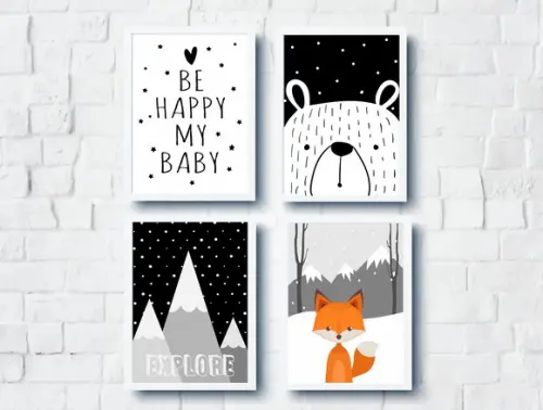 Quadros Infantil Be Happy Montanha Urso Raposa