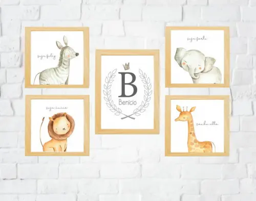 Quadros Infantil Bebê Animais Safari Seja Feliz e Nome