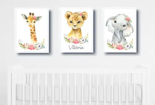 Quadros Infantil Bebê Menina Animais Safari Aquarela A3