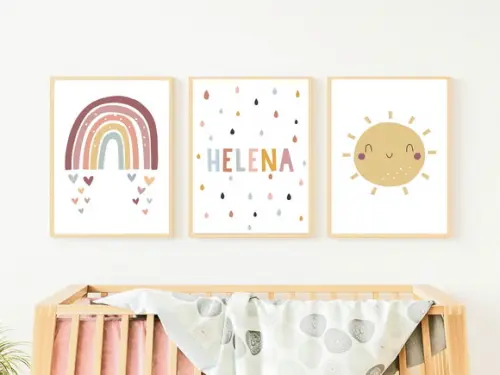 Quadros Infantil Boho Sol Nome e Arco Íris A4