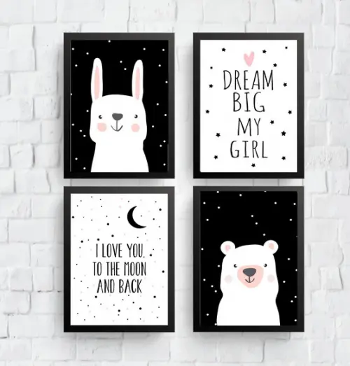 Quadros Infantil Coelho Urso Dream Big e Eu Te Amo A4