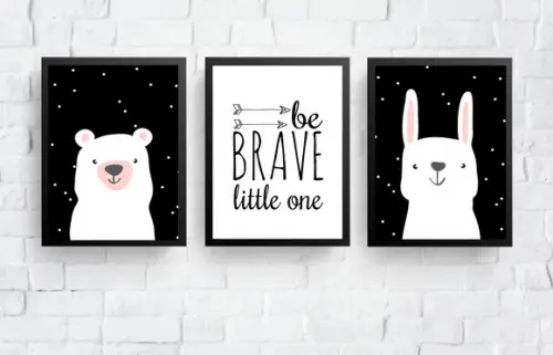 Quadros Infantil Coelho Urso Escandinavo e Be Brave A3