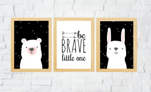 Quadros Infantil Coelho Urso Escandinavo e Be Brave A3