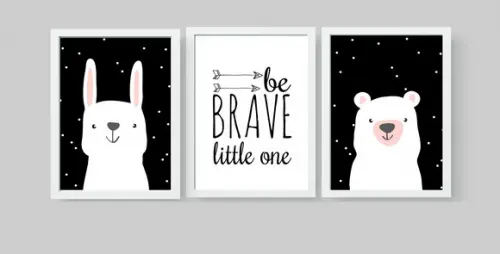 Quadros Infantil Coelho Urso Escandinavo e Be Brave A3