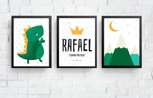 Quadros Infantil Dinossauro Nome e Montanhas Escandinavas A4