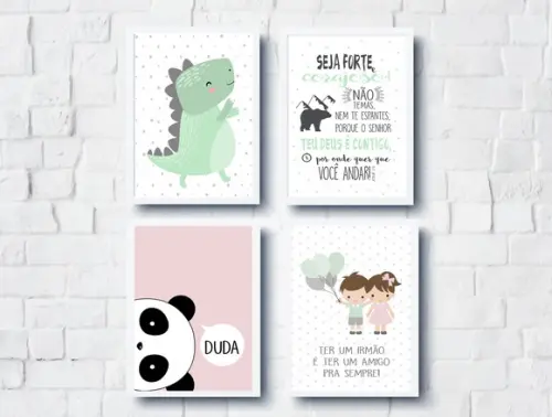Quadros Infantil Dinossauro Irmãos Versículo e Panda