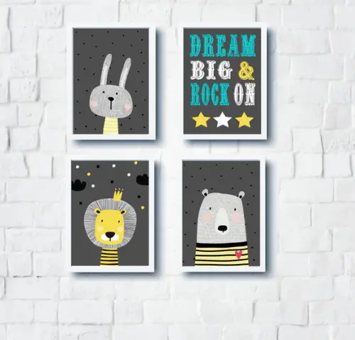 Quadros Infantil Escandinavo Coelho Urso Leão Rock On