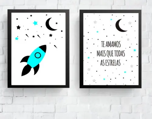 Quadros Infantil Escandinavo Foguete e Te Amamos Mais
