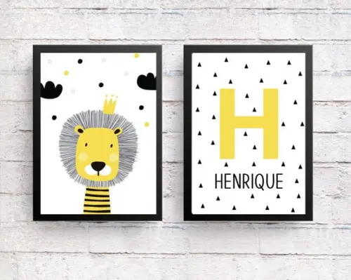 Quadros Infantil Escandinavo Leão e Nome Personalizado A4