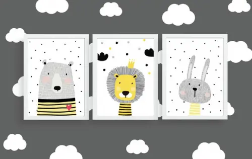 Quadros Infantil Escandinavo Leão Coelho Urso A4