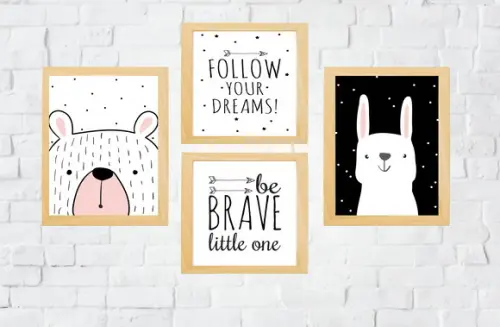 Quadros Infantil Escandinavo Urso Coelho e Be Brave