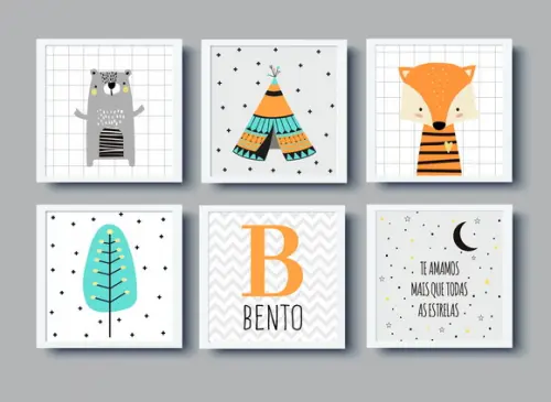 Quadros Infantil Escandinavo Urso Raposa Cabana Boho
