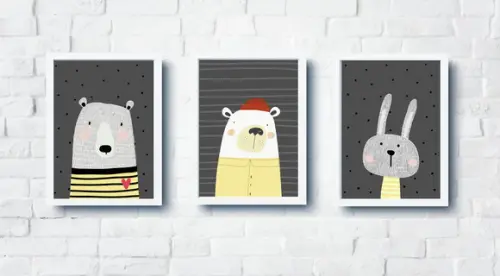 Quadros Infantil Escandinavo Ursos e Coelho A4
