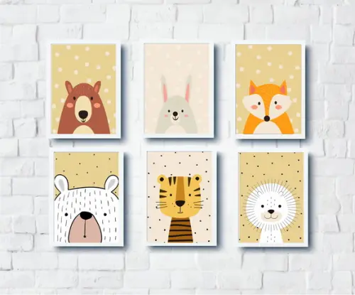Quadros Infantil Escandinavo Ursos Coelho Raposa Leao A4