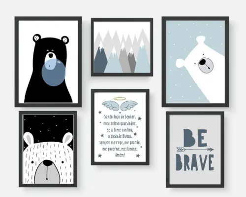 Quadros Infantil Escandinavo Ursos Montanhas Oração Be Brave
