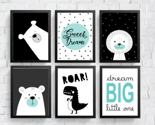 Quadros Infantil Escandinavos Urso Leão Dino Dream Big A4