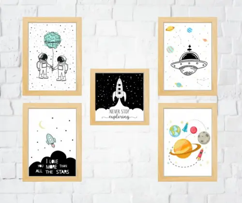 Quadros Infantil Irmãos Astronautas Foguete Planetas e Nave