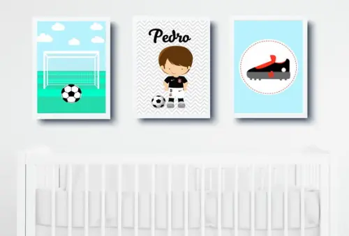 Quadros Infantil Jogador Futebol Bola Chuteira e Nome