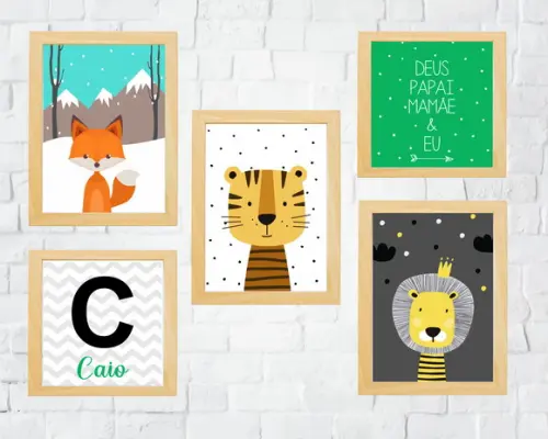 Quadros Infantil Leão Raposa Tigre e Nome Personalizado