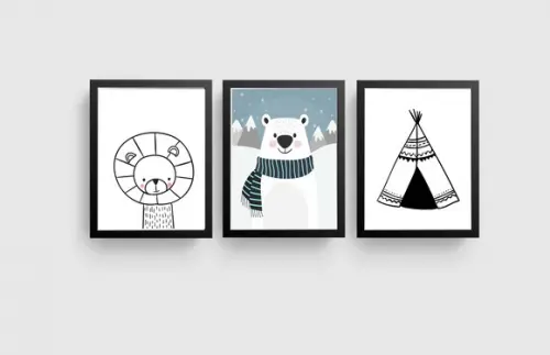 Quadros Infantil Leão Urso Polar e Cabana A4