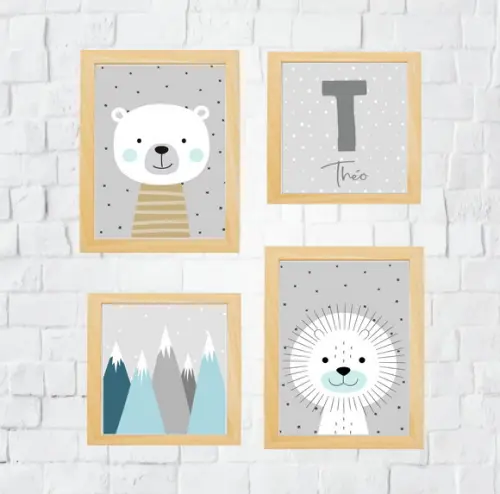 Quadros Infantil Leão Urso Montanhas Escandinavas e Nome