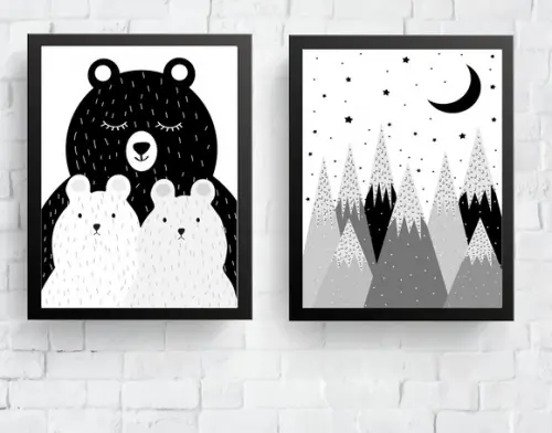 Quadros Infantil Mamãe Urso e Montanhas Escandinavas
