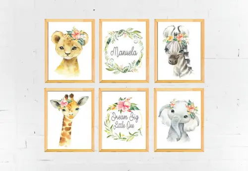 Quadros Infantil Menina Animais Safari Baby A4