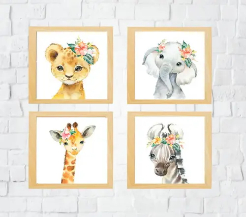 Quadros Infantil Menina Animais Safari Baby A4