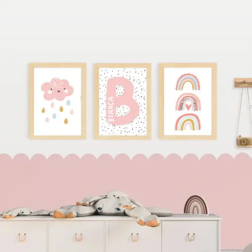 Quadros Infantil Menina Arco Íris Nuvem E Nome Personalizado