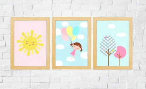 Quadros Infantil Menina Balões Sol e Árvores A4