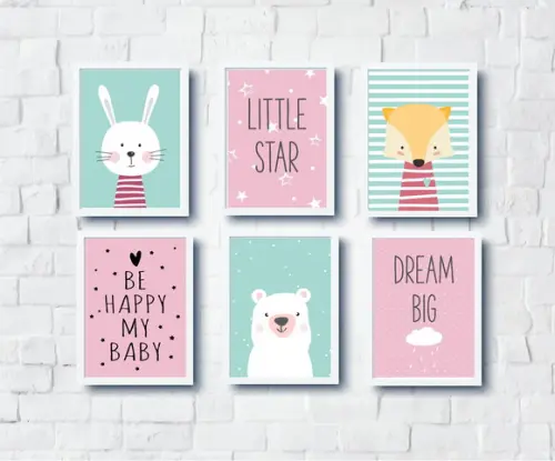 Quadros Infantil Menina Coelhinha Raposa Urso Dream Big A4