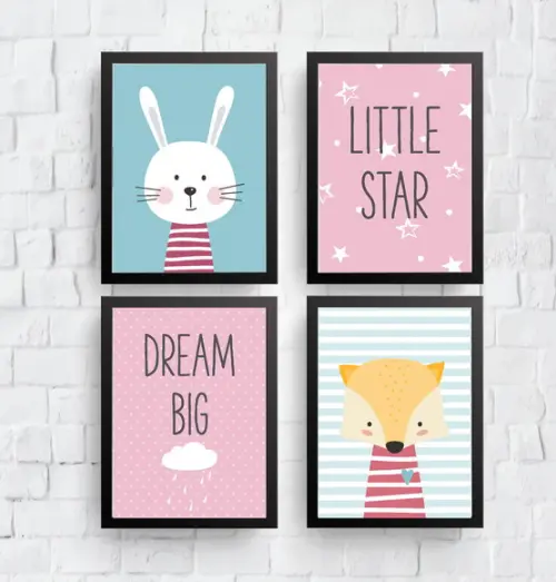 Quadros Infantil Menina Coelhinha Raposa Dream Big A4