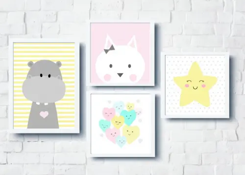 Quadros Infantil Menina Hipopótamo Gatinha Estrela Corações