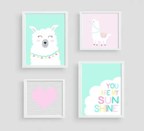 Quadros Infantil Menina Lhama Coração e Sunshine