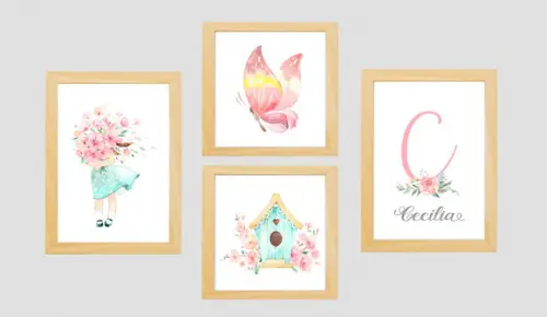 Quadros Infantil Menina Jardim Aquarela e Nome Personalizado